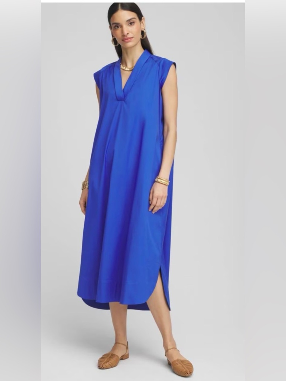 Chico’s Popover Poplin Maxi cotton blend Dress  Blues Sz L NWT summer coastal